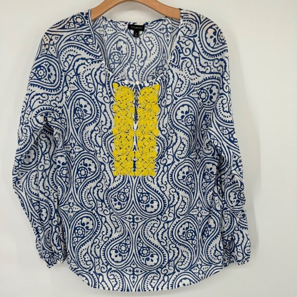 Talbots Long Sleeve Blouse blue pattern Yellow Beaded Embellishment size medium - Picture 2 of 11